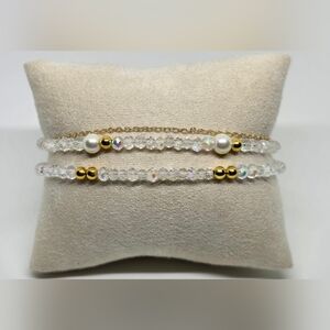 Three Strand Gold Tone and AB Crystals and Pearl Beaded Bracelet